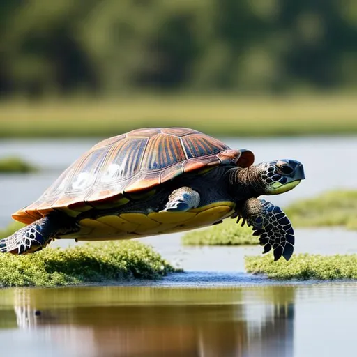 Prompt: Turtle Hurdling in a wetland