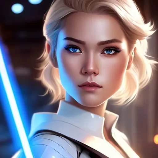 Prompt: Human female, star wars, noble's clothes, on the bridge of a star ship, blonde hair, blue eyes, Asian race.