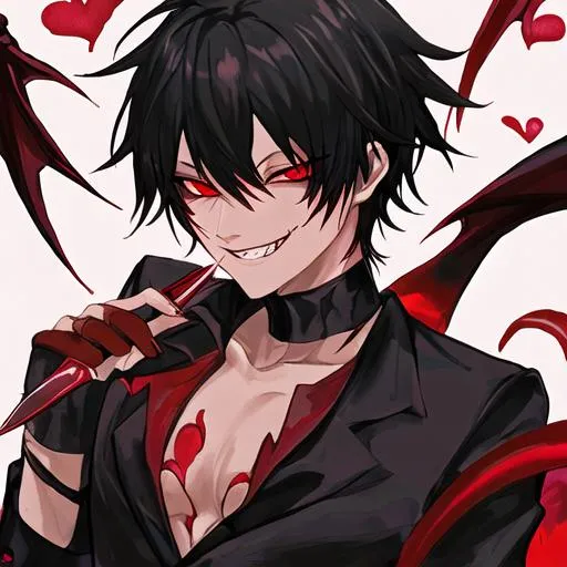 Prompt: Damien (male, short black hair, red eyes), demon form, grinning seductively, holding a knife, hearts around him
