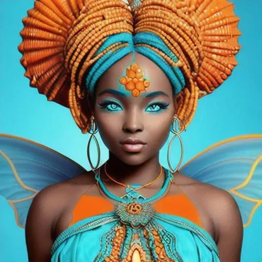 Prompt: africanfairy goddess, aqua and orange color scheme, beautiful, closeup