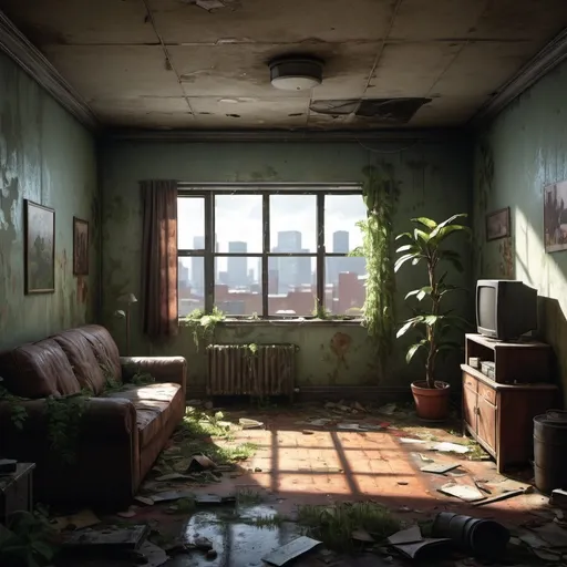 Prompt: The last of us video game style apartment interior, overgrow, abandoned, desolating