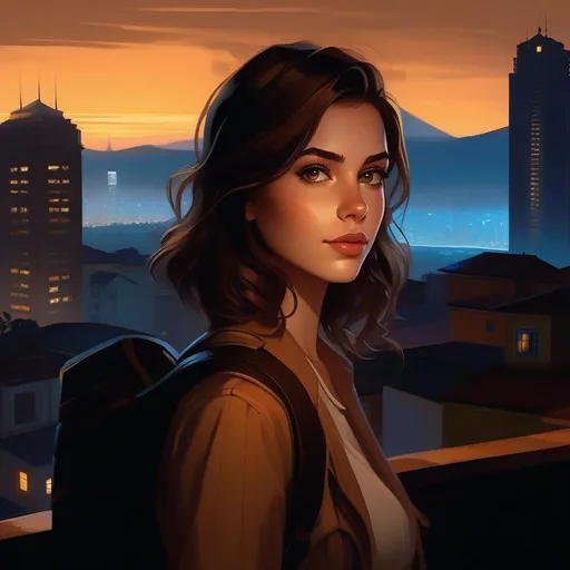 Prompt: Third person, gameplay, Brazilian girl, pale skin, light brown hair, brown eyes, 2020s, smartphone, São Paulo at night, Banespa Building, in the background, fog, blue atmosphere, cartoony style, extremely detailed painting by Greg Rutkowski and by Henry Justice Ford and by Steve Henderson 

