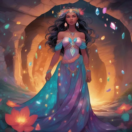 Prompt: A colourful and beautiful Persephone, in a beautiful flowing dress made of gems and flowers, with iridescent hair, with glowing and iridescent tribal markings on her skin, in a cave filled with glowing gems. In a Disney and Marvel Comics painted style.