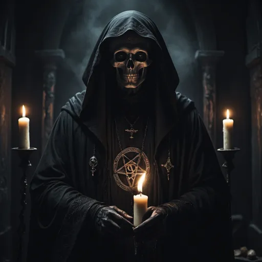 Prompt: misc-macabre style, sorcerer, black alter, mystical atmosphere, arcane symbols, eerie lighting, high quality, detailed, ominous, sinister, dark tones, mysterious, detailed robes, intense gaze, dramatic shadows, occult, candlelit, haunting, ritualistic, magical