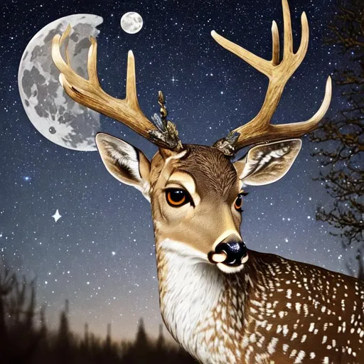 Prompt: High quality photo, a deer with owl head, hyperdetailed, night time, half moon in the sky, stars shouting, medium shot