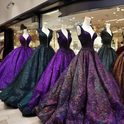 Prompt: Big sparkly colorful ball gowns being displayed in the windows of a store titled “Tuxedos, Ball Gowns, & Witch Ware”