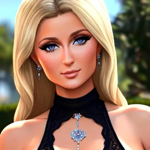 Prompt: stunning, Paris Hilton in Vinewood Hills, GTA 5, los santos, beautiful sunny day, highly detailed