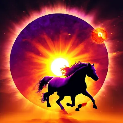 Prompt: Purple  colour sun with hands and horse running in front of sun