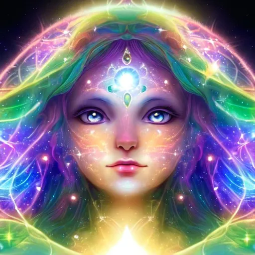 Prompt: Fairy goddess of light,etherial light,cosmic being,closeup,cosmic background,facial closeup