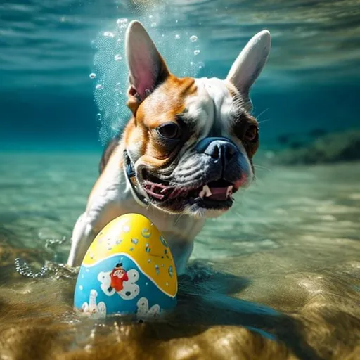 Prompt: a dog on a easter egg riding a bicycle underwater 

