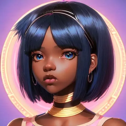 Prompt: Gorgeous Girl, black skin, Blue Hair, Bangs, Hairband, Pink Hair Pins, Extremely Detailed, Sharp, Masterpiece, Skinny, Character Portrait, Looking At Camera, Symmetrical, Soft Lighting, Cute Big Circular Reflective Eyes, Pixar Render, Unreal Engine Cinematic Smooth, Intricate Detail, anime Character Design, Unreal Engine, Vintage Photography, Beautiful, Tumblr Aesthetic, Retro Vintage Style, Hd Photography, Hyperrealism, Beautiful Watercolor Painting, Realistic, Detailed, Painting By Olga Shvartsur, Svetlana Novikova, Fine Art, Soft Watercolor