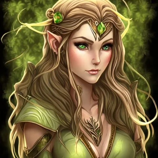 Prompt: A D&D female wood elf druid.Her hair color is gold.Her eyes are brown.She wears a green hair tie.