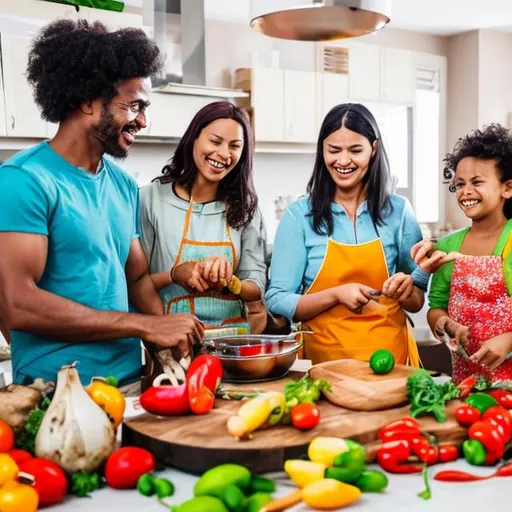 Prompt: vibrant and visually appealing image of a person or a family happily cooking together in a well-organized and tidy kitchen. They could be smiling while preparing a variety of fresh and colorful ingredients, showcasing the ease and joy of using the Meal Minder app.