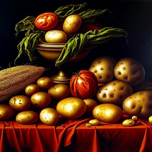 Prompt: oil painting of tomatoes, potatoes and corn, in the style of Van Eyck

