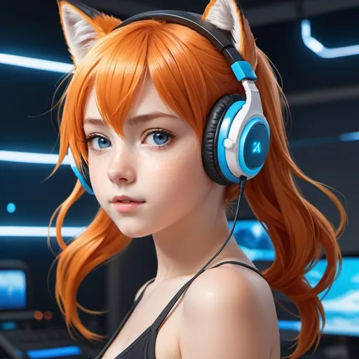 Prompt: a anime kid girl fox ears orange hair blue eyes without shirt only wearing head-set playing a high tech future realistic game