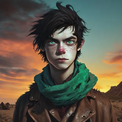 Prompt: genetic mutation human teenaged guy with black hair and green eyes in a desert nuclear post-apocalypse wearing tattered recycled leather and fur clothes with claw hand