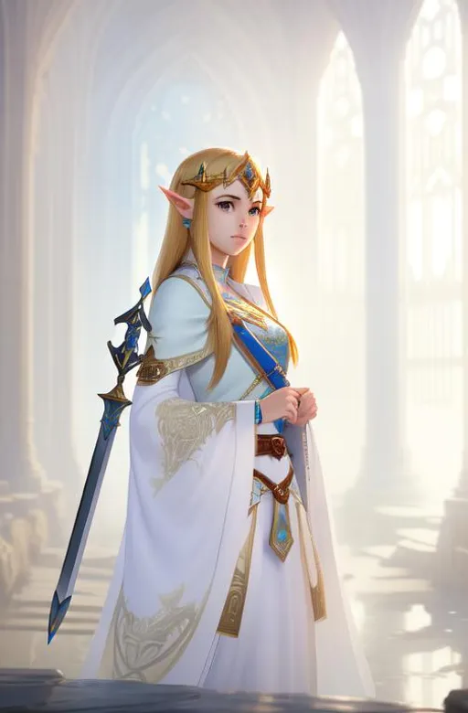 Prompt: princess zelda, 4k, unreal engine, intricate, highly detailed, beautiful lighting, light fog, 8k, trending on Artstation, professional, dramatic, swords, illustration, art by Artgerm and Greg Rutkowski and Alphonse Mucha, award winning portrait, f/22, symmetrical