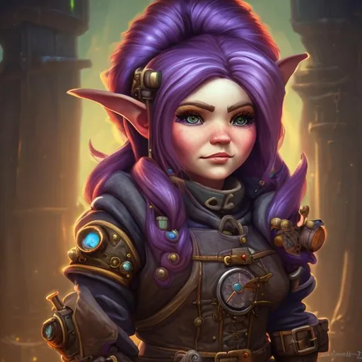 Prompt: Portrait of a female Gnome artificer with long dark hair, hyperrealistic, steampunk equipment, world of warcraft inspired, 4k, neutral background.