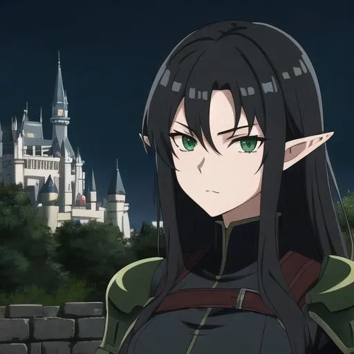 Prompt: Beautiful assassin Anime woman, dark black hair, dark green hazel eyes, elf, armoured, near a castle at night, 