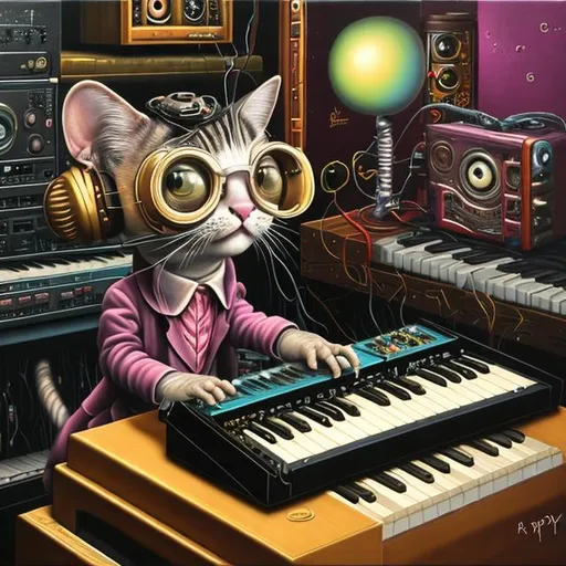 Prompt: a painting of a cat playing a synth, a surrealist painting by Mark Ryden, deviantart, pop surrealism, mark ryden in the style of, mark ryden style, mark ryden highly detailed