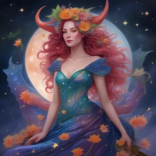 Prompt: A colourful and beautiful Persephone, she is a dragon woman, with scales for skin, horns, with a dragon tail. In a beautiful flowing dress made of wildflowers. Framed by a nighttime sky of clouds, stars and constellations. In a photorealistic painted Disney style.