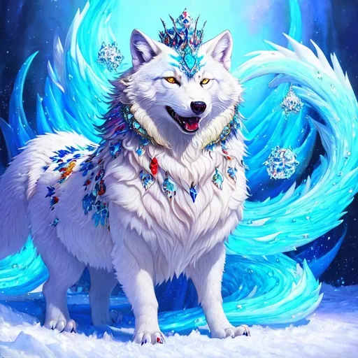 Prompt: (masterpiece, oil painting, 3D, artstation, best quality:1.5), insanely beautiful white ((wolf)) queen, growling, psychedelic colors, eyes gleam ice blue, frost on fur, (blue jewel-crusted crest), blue magic fur highlights, finely detailed, (sharp intricately detailed eyes:3), beautifully defined detailed legs, beautifully detailed shading, bulky, (incredibly thick beautifully detailed fur:3), highly detailed body, full body focus, beautifully detailed background, brilliant auroras, ice storm, ice element, blizzard, ice rain, surrounded by icy mist, highly detailed pastel clouds, highly detailed mouth, cinematic, high octane render, unreal engine, 64K, UHD, Yuino Chiri