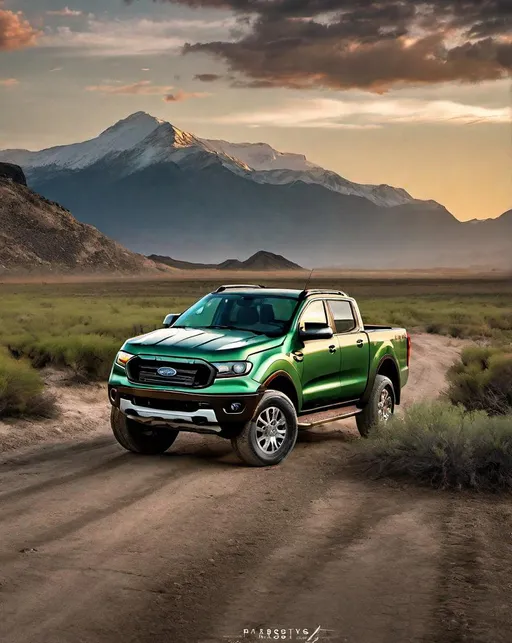 Prompt: A rugged green 2000 Ford Ranger pickup truck parked on a dirt road leading out to an epic mountain landscape at sunset. Dramatic backlighting and perspective in the style of automotive ads, shot with a Phase One IQ4 150MP and 24-70mm lens.