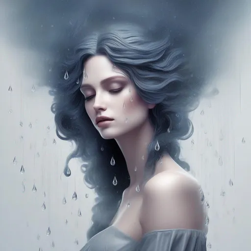 Prompt: beautiful Persephone with hair that is made out of rain clouds that rains diamonds shaped like rain drops