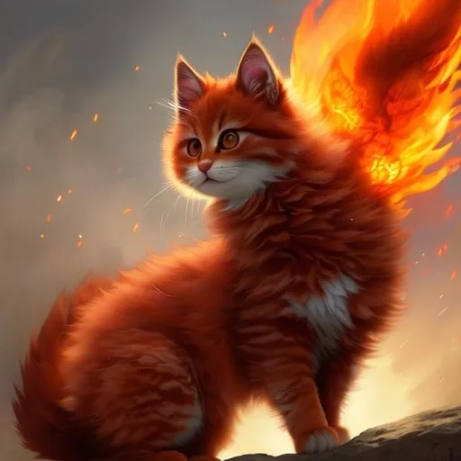 Prompt: Cute, red, fluffy, fire kitten, possessing the element of fire and making circles of fire
 move around in the air in a magical way. Perfect features, extremely detailed, realistic. Krenz Cushart + loish +gaston bussiere +craig mullins, j. c. leyendecker +Artgerm.