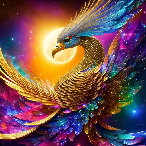 Prompt: phoenix bird, holding the bright sun with its claw: surreal fantasy, made of intricate jewels, gemstones woven together with silver and gold filigree, Elegant, fractal gems, fractal crystals, iridescent glitter, celestialpunk, Digital painting, Award winning, incredibly beautiful, Ornate, Luxury, sparklecore, in the style of josephine wall, Brian Froud, Thomas Kinkade, Jacek Yerka, 3d blender render --s 500 --v 5, 1 --version 5, 1