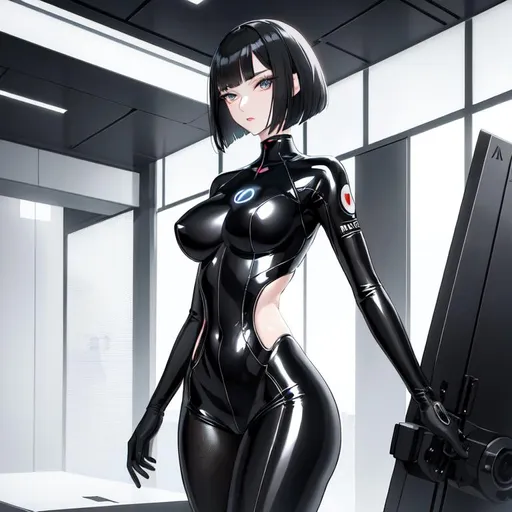 Prompt: a lonely AI girl, very tall, thick thighs, wide hips, long legs, slender arms, slender waist, big beautiful symmetrical eyes, intriguingly beautiful face, aloof expression, bob haircut with bangs, wearing Hypermasculine Tactical Business fashion clothes, high fashion, 12K resolution, hyper quality, hyper-detailed, hyper-realistic, hyper-professional