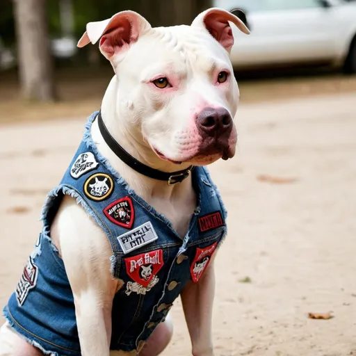 Prompt: Pit Bull Terrier wearing a heavy metal music denim vest with patches