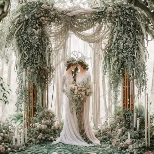 Prompt: an ethereal and brilliantly detailed and illustrative art nouveau style wedding decorations including pastel colors, forest, floral and eucalyptus elements