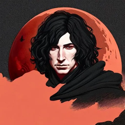 Prompt: kylo ren {male character} flowing black hair + black cloak + red planet, {{back to camera}}, hyperrealistic, fantasy, soft light, highly detailed, gothic