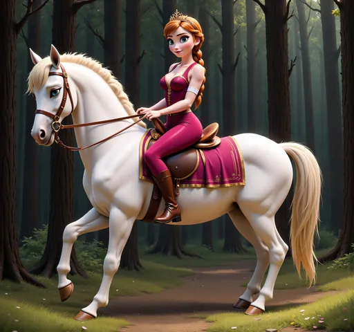 Prompt: a woman in a red and gold dress  wearing a tiara riding a white horse in a forest with trees and grass behind her, Anne Stokes, fantasy art, fantasy artwork, a detailed painting