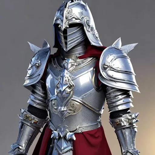 Prompt: Knight shining platinum white armor, with a helmet, and a chest piece that has a huge blue sapphire embedded in the middle over the sternum. the armor itself is radiating with a pure and divine light. He is also adorned with a crimson-red cape with gold accents attached around his left shoulder; as well as a draped coat tail from the hips of his armor at ankle length.
