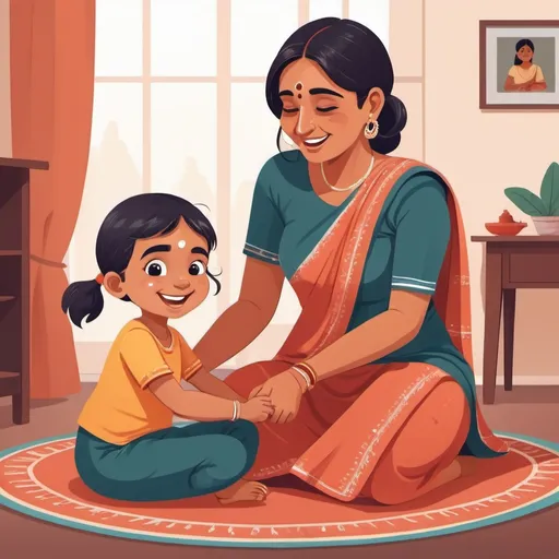 Prompt: girl child happily playing with her Indian mother illustrator
