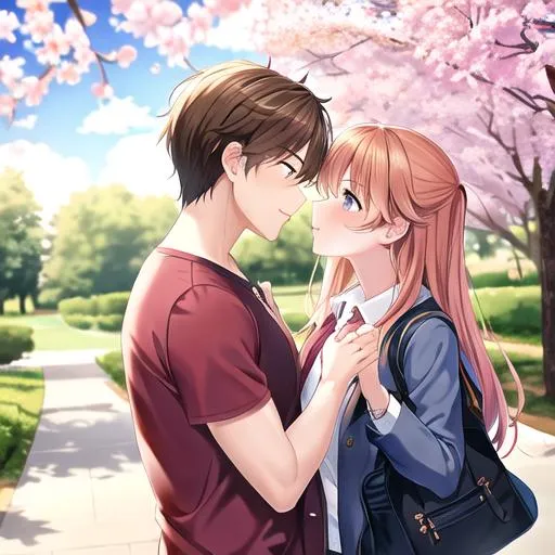 Prompt: Caleb and Haley on a date at the park, kissing, under the cherry blossom trees
