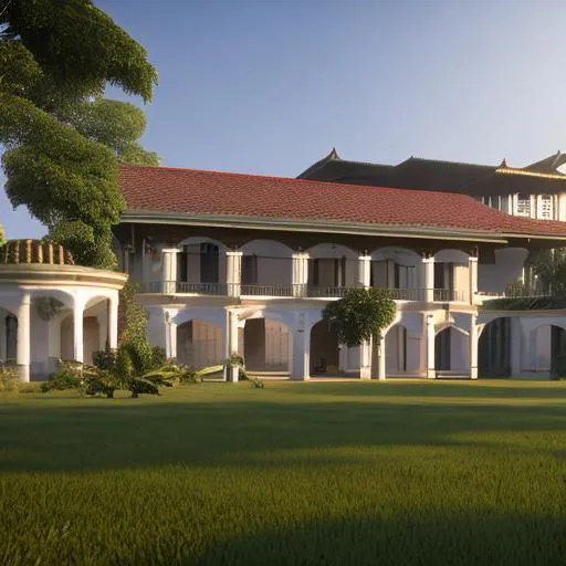 Prompt:  French colonial houses with modern congolese architecture inspiration, volumetric natural light, ultra realistic, vray, far view, perspective landscape