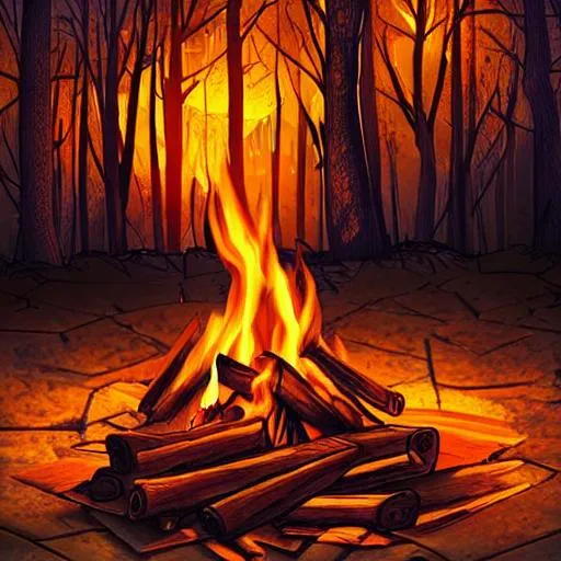 Prompt: campfire, nighttime, highly realistic, flames, wood, dark, highly detailed, gothic