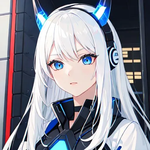 Prompt: White hair girl with blue eyes wearing black headphone on the building which is from future of Japan 4k with blue LED on black horns 