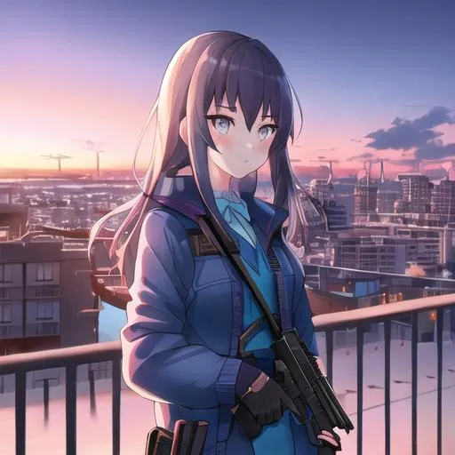 girl secretly holding gun, city background, very ani... | OpenArt