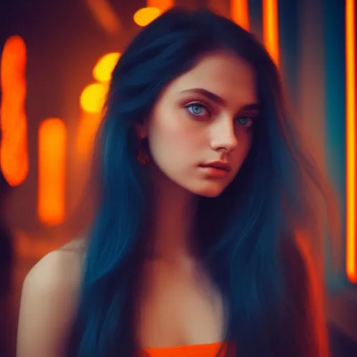 Prompt: a potrait of  aesthetically beautiful  lady long hair blue eyes neon orange ambience


