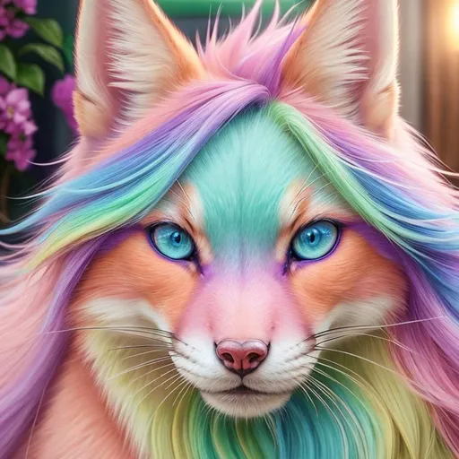 Prompt: {pink, purple, yellow, and mint green fox}, realistic, epic oil painting, pastel colors, large round blue eyes, hyper detailed eyes, (hyper real), furry, (hyper detailed), photorealism, extremely beautiful, (on back), sprawled, paws in the air, playful, UHD, studio lighting, best quality, professional, extremely beautiful, glistening fur, fur glows like auroras, highly saturated colors, neon colors, masterpiece, ray tracing, 8k eyes, 8k, highly detailed, highly detailed fur, hyper realistic thick fur, (high quality fur), fluffy, fuzzy, full body shot, rear view, hyper detailed eyes, perfect composition, realistic fur, fox nose, highly detailed mouth, realism, ray tracing, soft lighting, complex background, highly detailed background, studio lighting, masterpiece, trending, instagram, artstation, deviantart, best art, best photograph, unreal engine, high octane, cute, adorable smile, lazy, peaceful, (highly detailed background), vivid, vibrant, intricate facial detail, incredibly sharp detailed eyes, incredibly realistic fur, concept art, anne stokes, yuino chiri, character reveal, extremely detailed fur, sapphire sky, complementary colors, golden ratio, rich shading, vivid colors, high saturation colors, silver light beams
