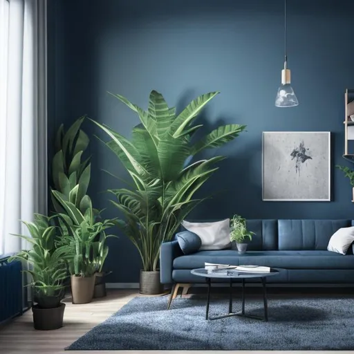 Prompt: living room, blue light, dark theme, table lamp, indoor plant, empty bookshelf, realistic, 4k, 9:16 orientation