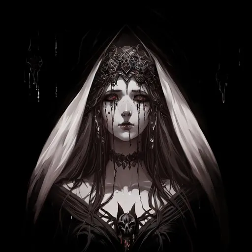 Prompt: goddess of death, crying black tears, illustration, artstation, dynamic soft lighting, high-res, 4k, stylistic, anime