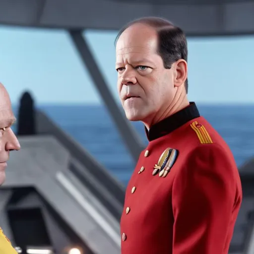 Prompt: German chancelor olaf scholz is Standing on the bridge of the USS Enterprise. He wears the red and black Uniform of Jean-luc picard