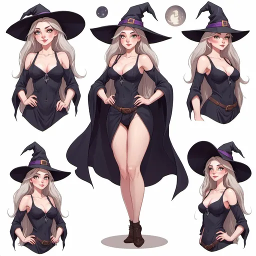 Prompt: Character illustration sheet for a Witch. Age 21, cute, attractive, fantasy theme, pale skin, well-endowed, in-shape,  long hair, bright eyes, multiple angles, wearing revealing clothes