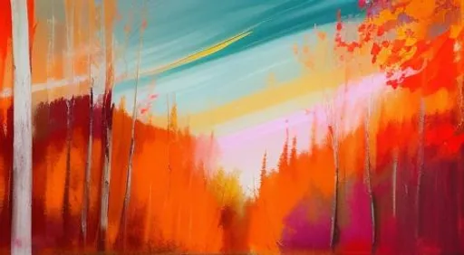 Prompt: abstract expressionist painting, a forest clearing in mid-autumn (the leaves have turned shades of red/orange), sky is blue with pink undertones, wallpaper hd