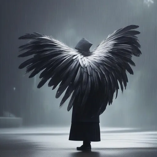 Prompt: wing with feathers protecting people from rain